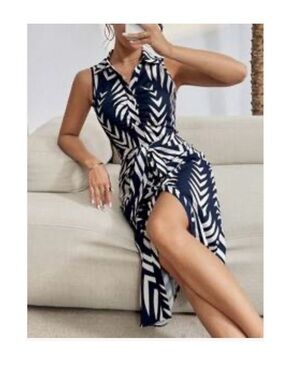 Sleeveless Navy and White Collared Wrap Dress
